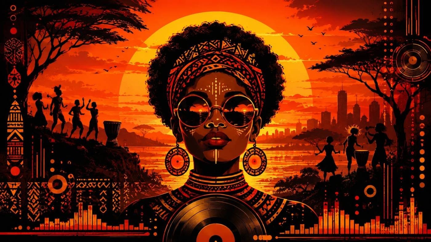 Kibiru Raymond Sounds artwork: a woman in sunglasses against an African sunset with a vinyl record